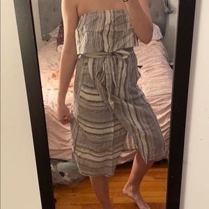 Grey and white striped strapless dress